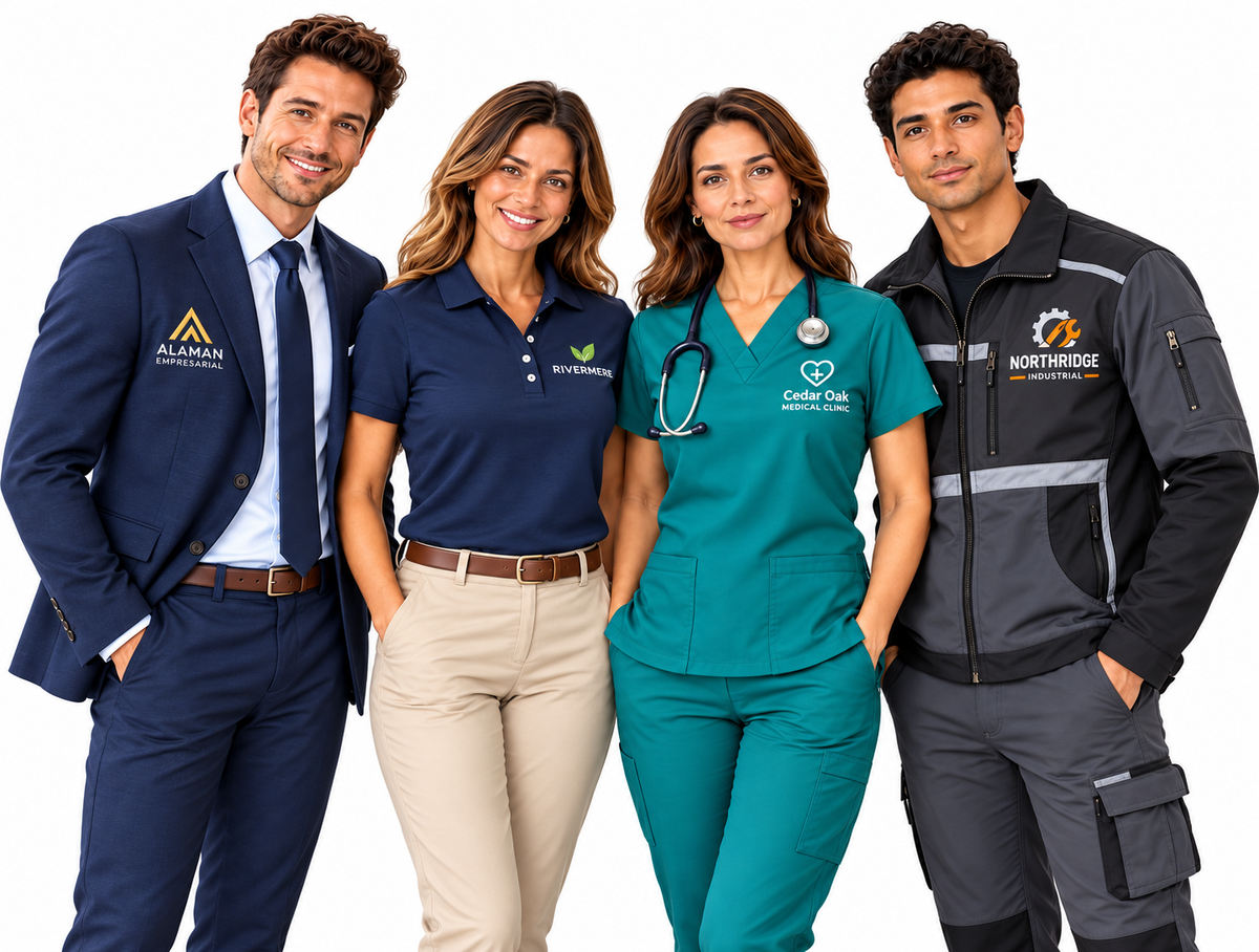 Equipo con uniformes personalizados con logotipo: ejecutivo, polo corporativo, clínico e industrial
